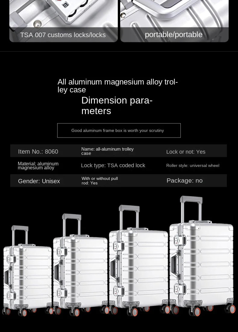 Mala de viagem 100% em liga de alumínio e magnésio, com rodinhas, disponível nos tamanhos de 20, 24 e 29 polegadas. Ideal como bagagem de mão ou para cabine.