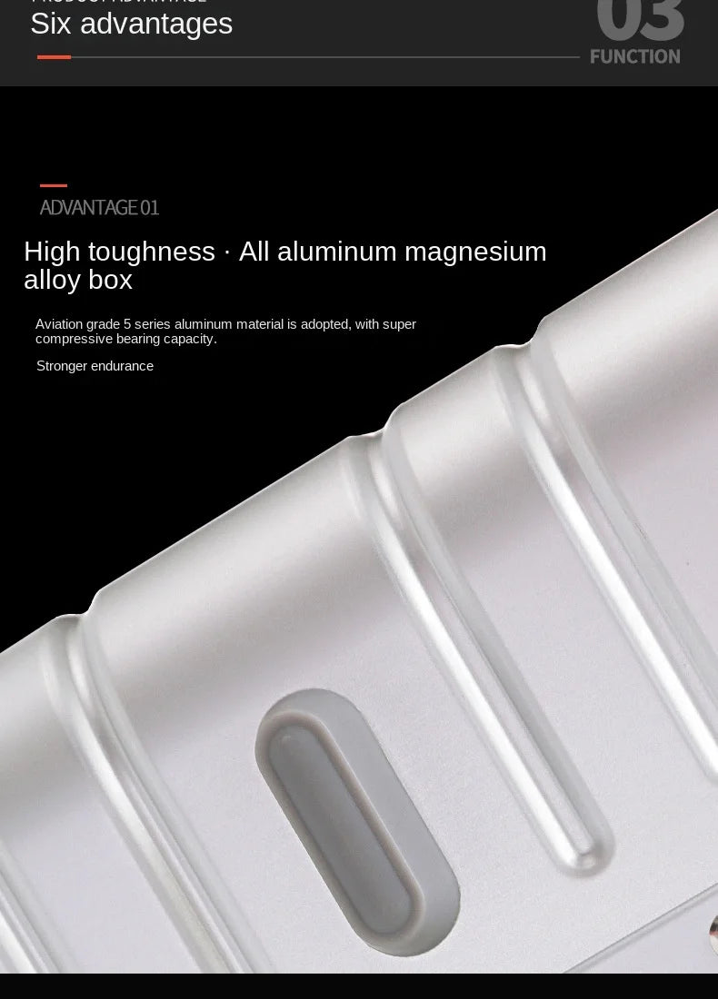 Mala de viagem 100% em liga de alumínio e magnésio, com rodinhas, disponível nos tamanhos de 20, 24 e 29 polegadas. Ideal como bagagem de mão ou para cabine.