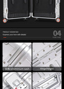 Mala de viagem 100% em liga de alumínio e magnésio, com rodinhas, disponível nos tamanhos de 20, 24 e 29 polegadas. Ideal como bagagem de mão ou para cabine.