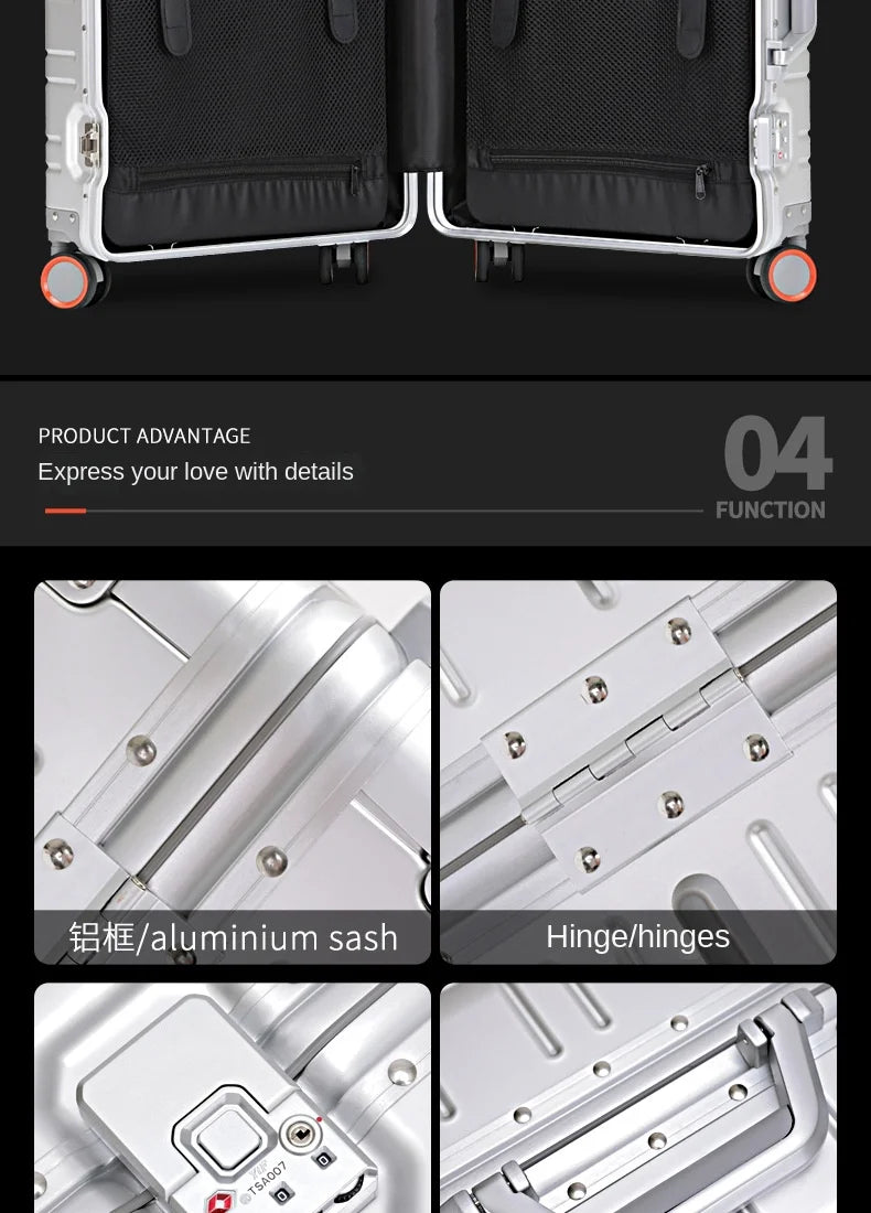 Mala de viagem 100% em liga de alumínio e magnésio, com rodinhas, disponível nos tamanhos de 20, 24 e 29 polegadas. Ideal como bagagem de mão ou para cabine.