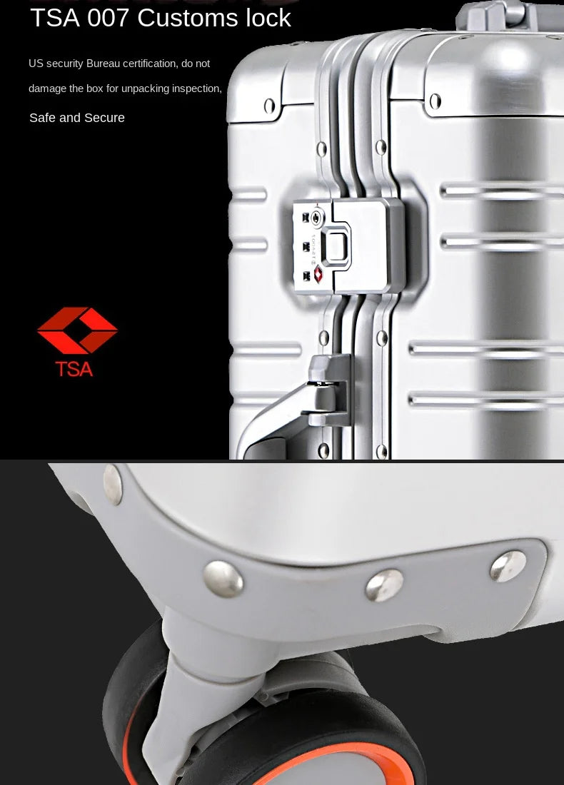 Mala de viagem 100% em liga de alumínio e magnésio, com rodinhas, disponível nos tamanhos de 20, 24 e 29 polegadas. Ideal como bagagem de mão ou para cabine.