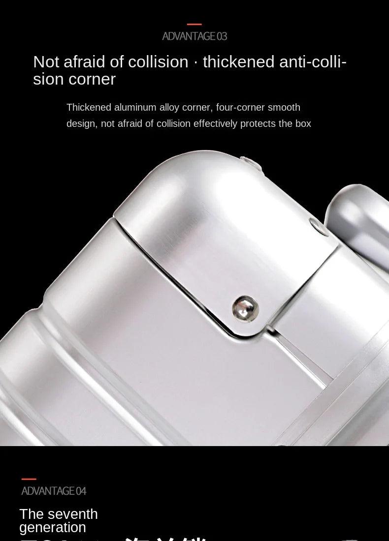 Mala de viagem 100% em liga de alumínio e magnésio, com rodinhas, disponível nos tamanhos de 20, 24 e 29 polegadas. Ideal como bagagem de mão ou para cabine.